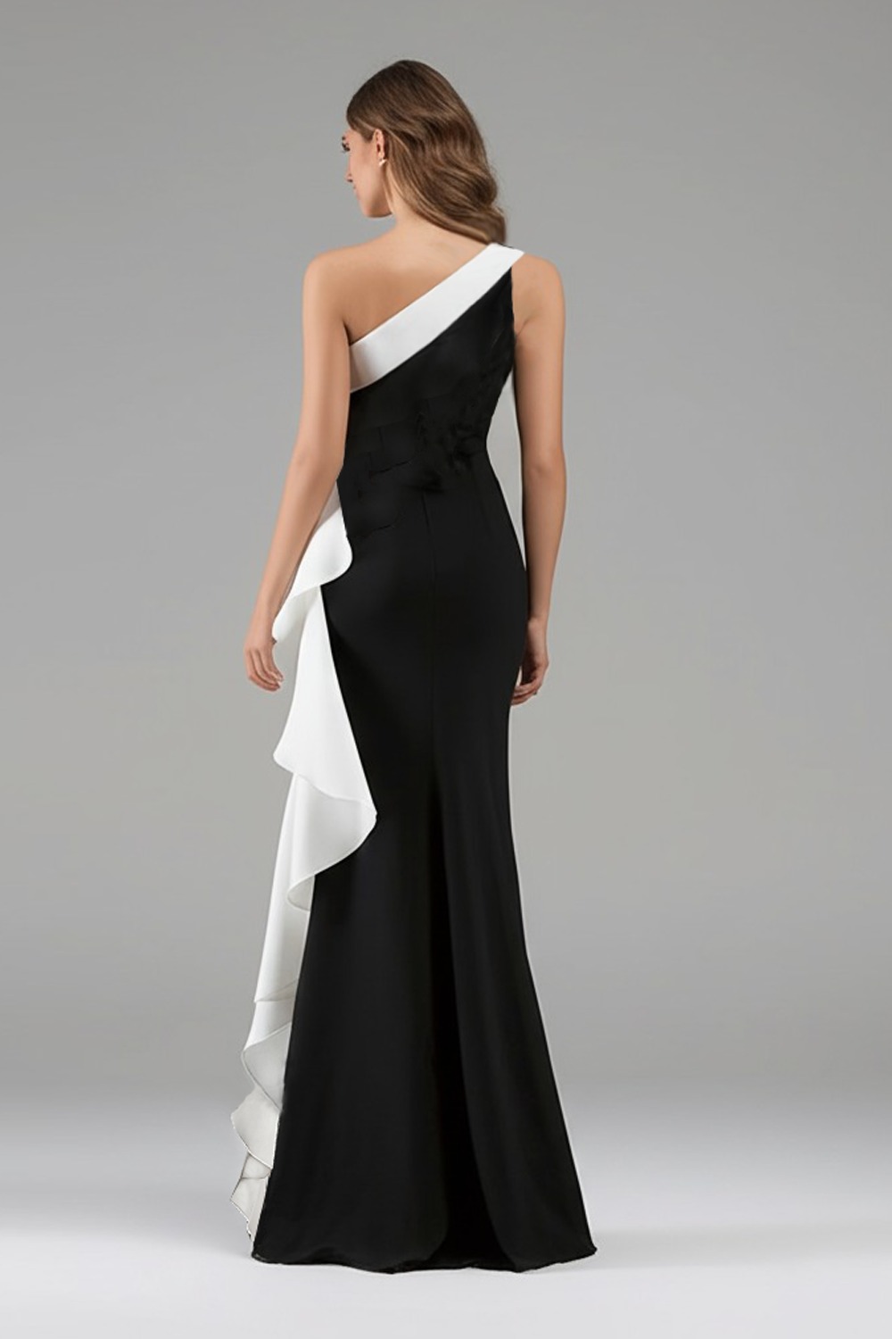 One Shoulder Mermaid Long Black Tie Dress with Ruffles