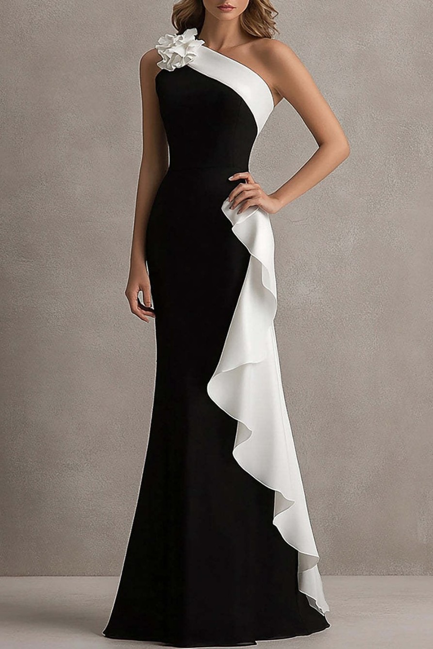 One Shoulder Mermaid Long Black Tie Dress with Ruffles