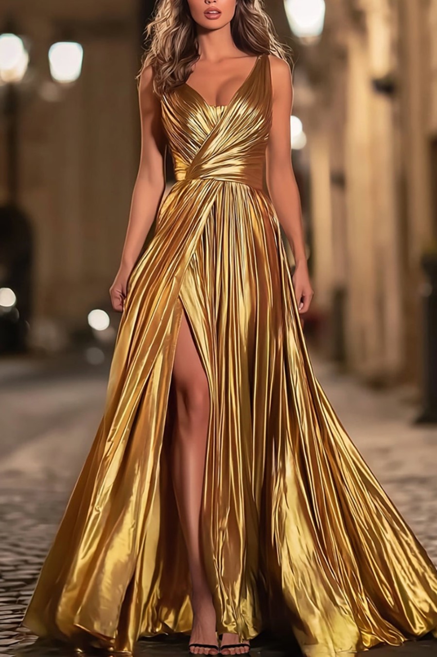 Gold Metallic V-Neck A Line Pleated Long Formal Dress with Slit