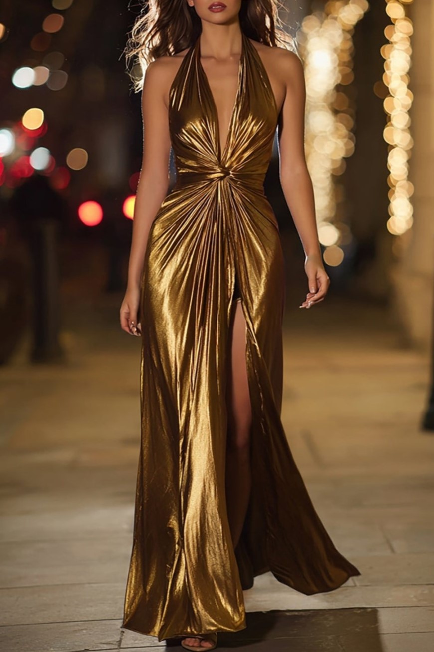 Gold Halter Metallic Ruched Maxi Formal Dress with Slit