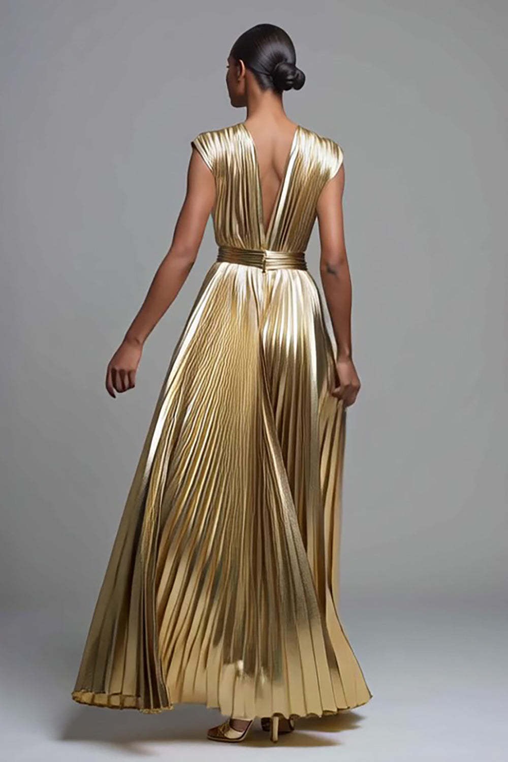 Gold Deep V-Neck A Line Metallic Pleated Long Formal Dress