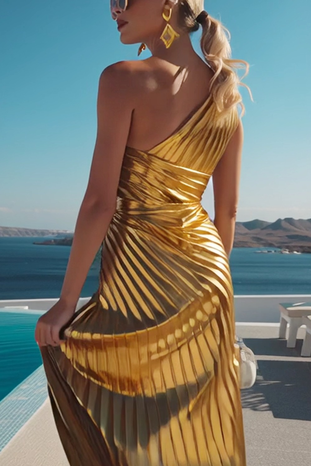Formal Evening Dress Golden Metallic Satin One Shoulder Slit Midi Dress