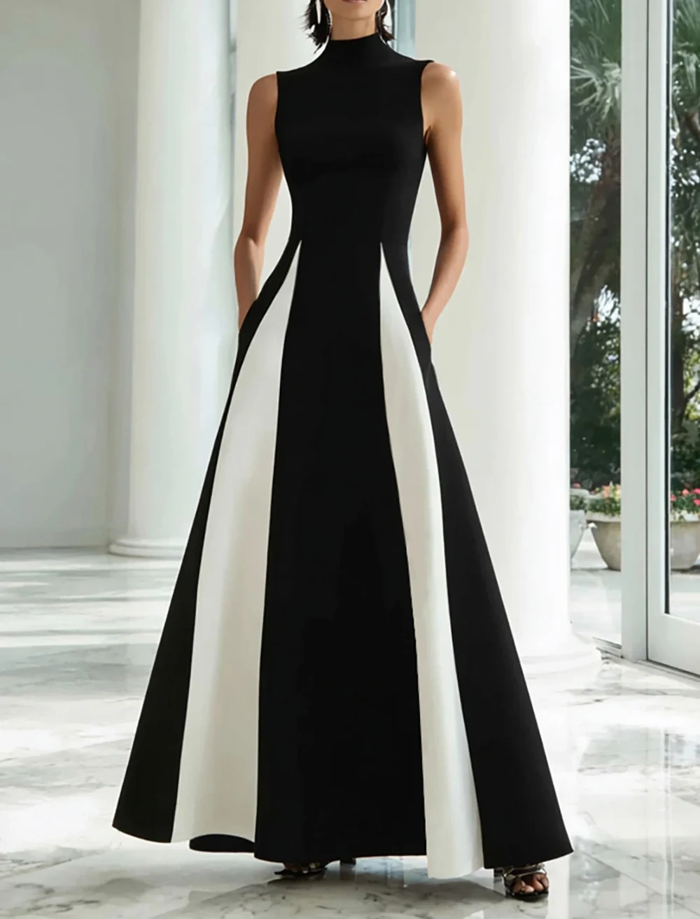 Black and White A-Line High Neck Long Formal Dress