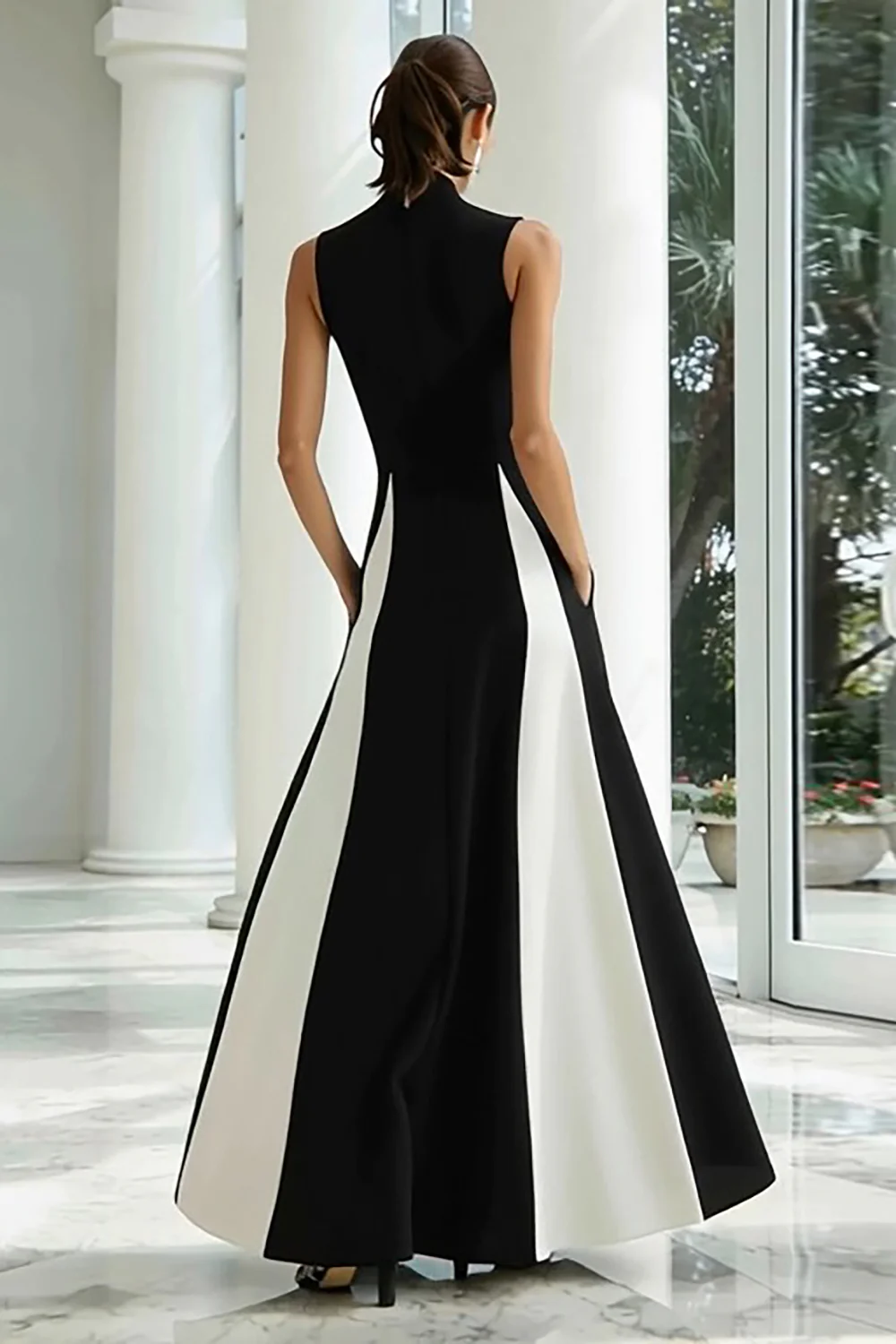 Black and White A-Line High Neck Long Formal Dress