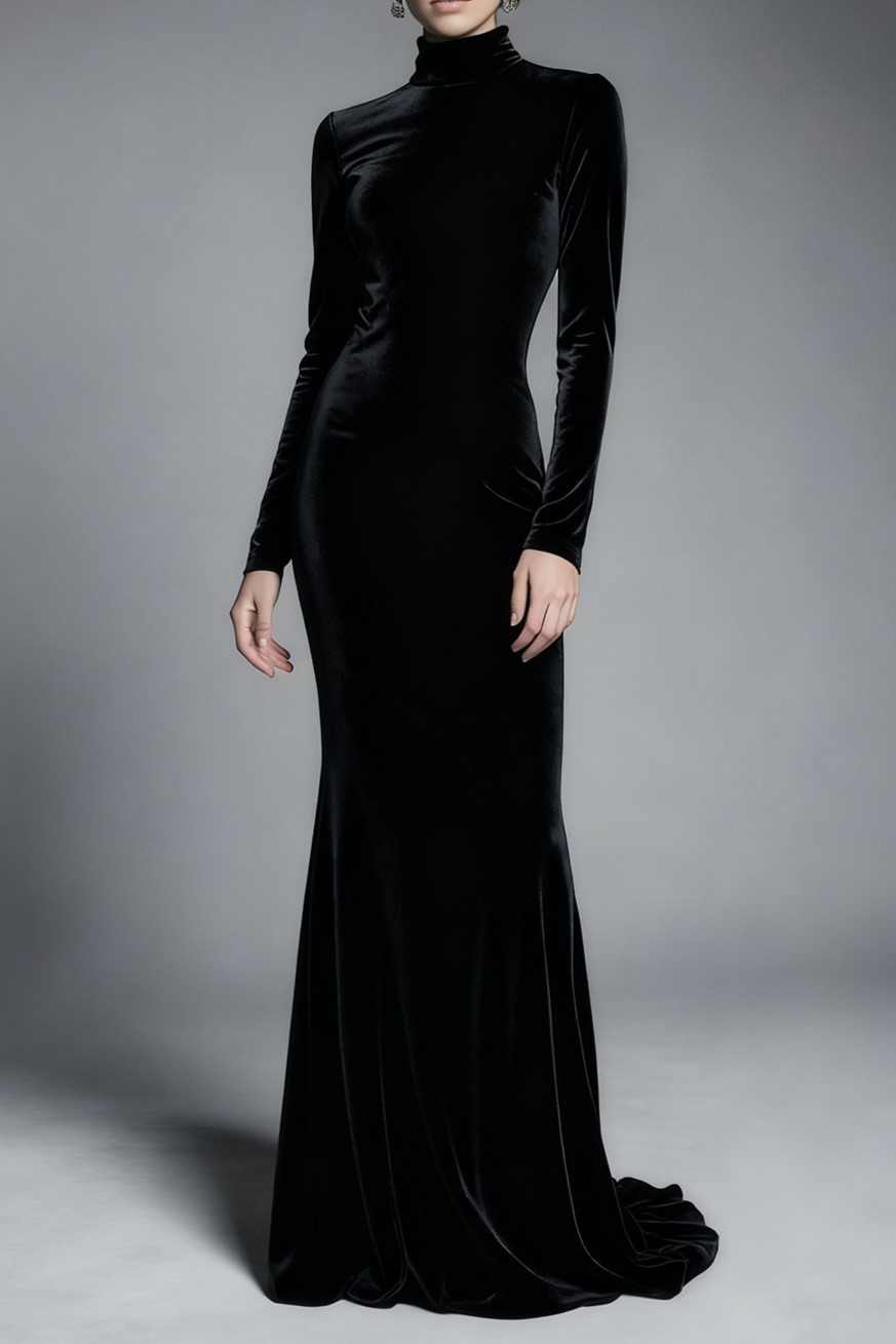 Black Velvet High Neck Sweep Train Formal Dress with Sleeves