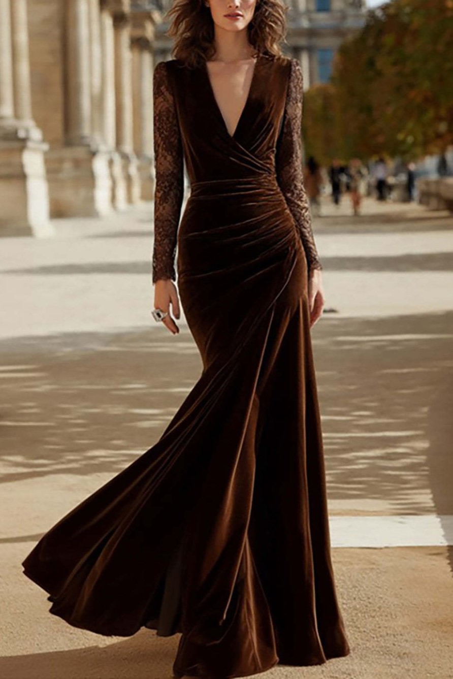 Brown Velvet Mermaid V Neck Maxi Holiday Party Dress with Lace