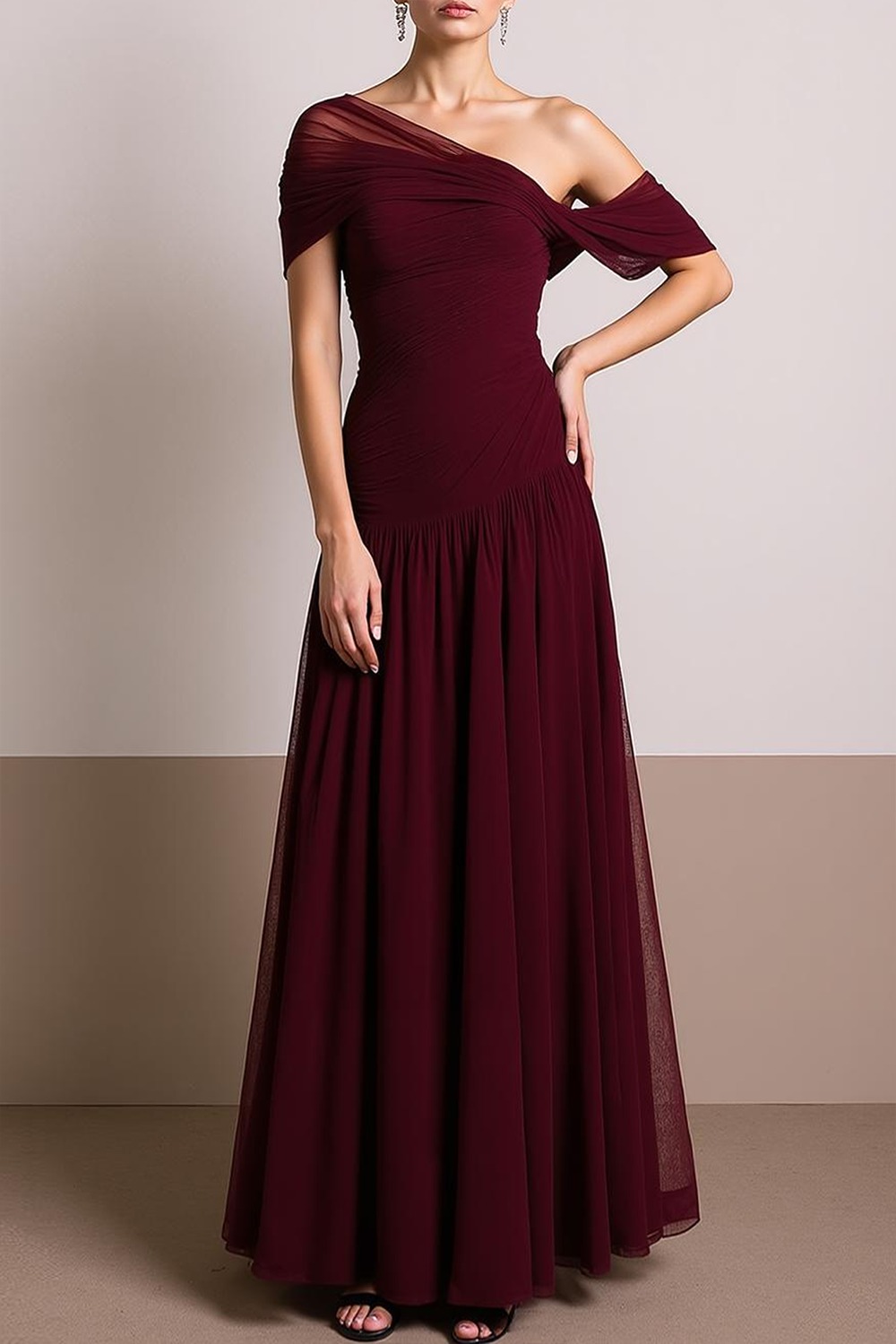 Formal Dress Pleated Dress Cabernet Off the Shoulder Maxi Dress