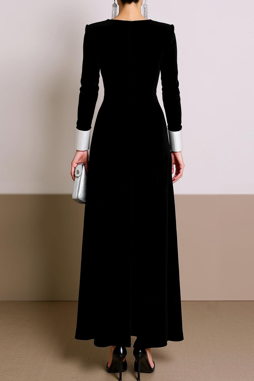 Formal Dress Black V-Neck Long Sleeves Maxi Dress