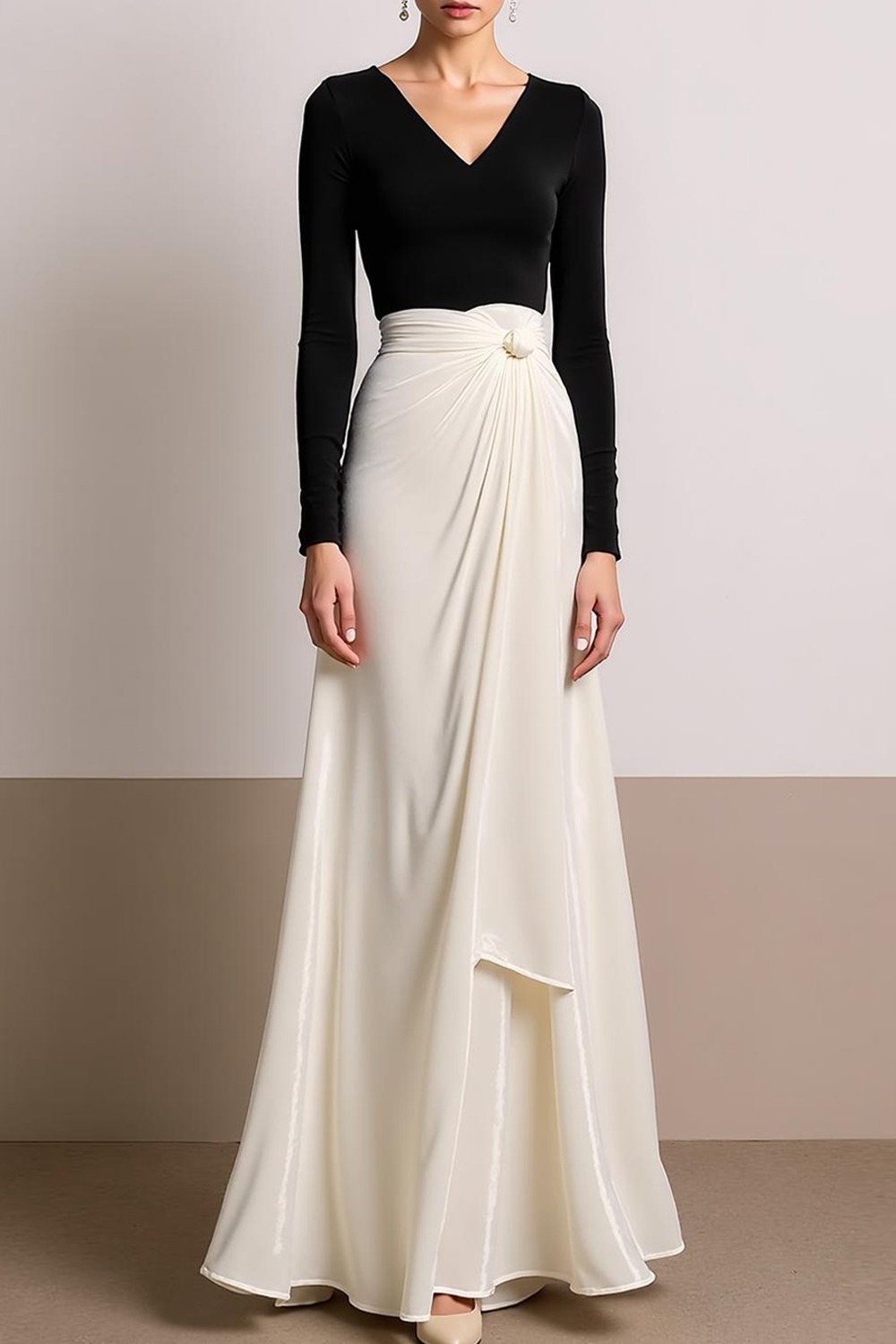 Evening Formal Dress White V-Neck Long Sleeves Maxi Dress