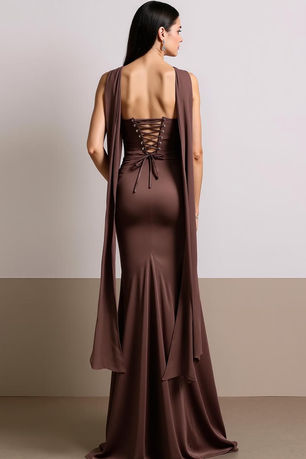 Evening Formal Dress Brown Strapless Satin Maxi Dress with Scarf