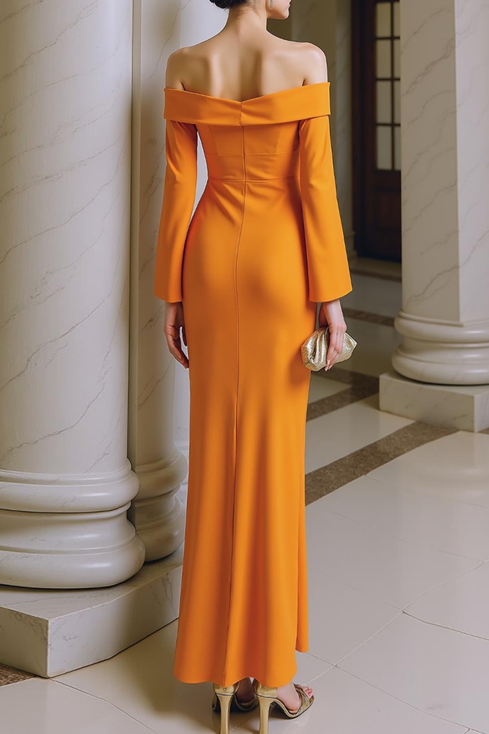 Formal Dress Sheath Orange Off the Shoulder Long Sleeve Maxi Dress