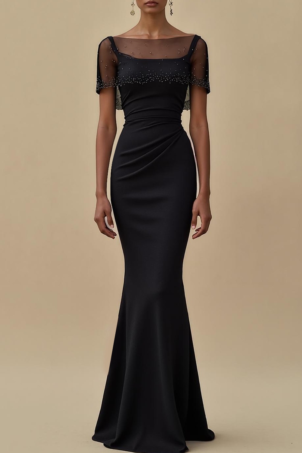 Evening Formal Dress Black Mermaid Illusion Neck Maxi Dress