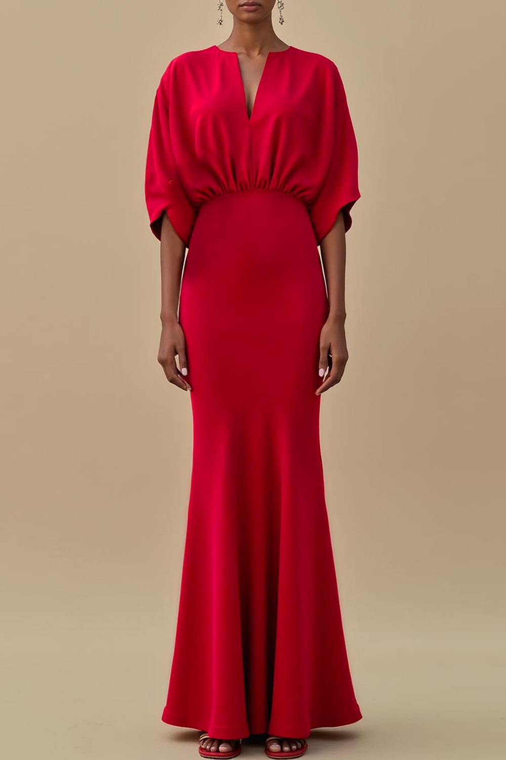 Formal Evening Dress Red Batwing Sleeve Maxi Dress