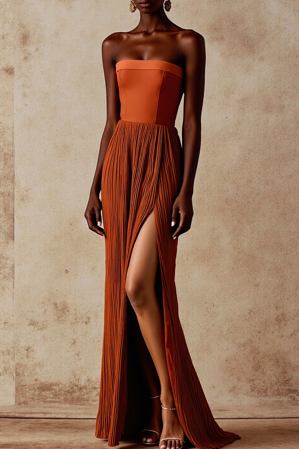 Formal Dress Terracotta Off the Shoulder Pleated Chiffon Maxi Dress with Slit