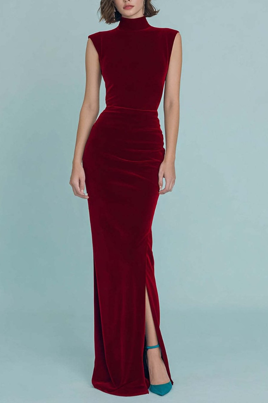 Burgundy Velvet High Neck Long Holiday Party Dress with Slit