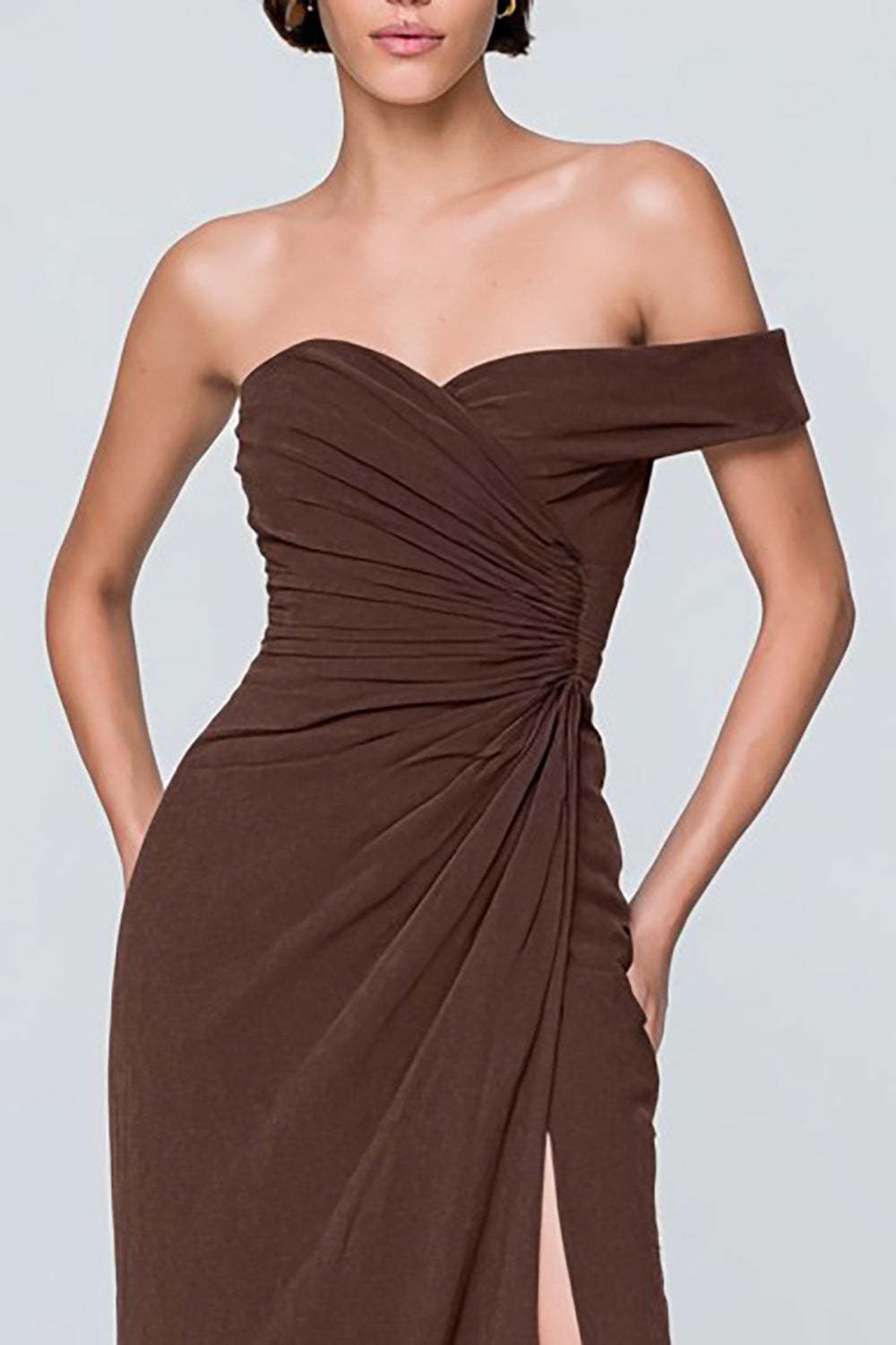 Coffee Long Asymmetrical Neck Ruched Formal Dress with Slit