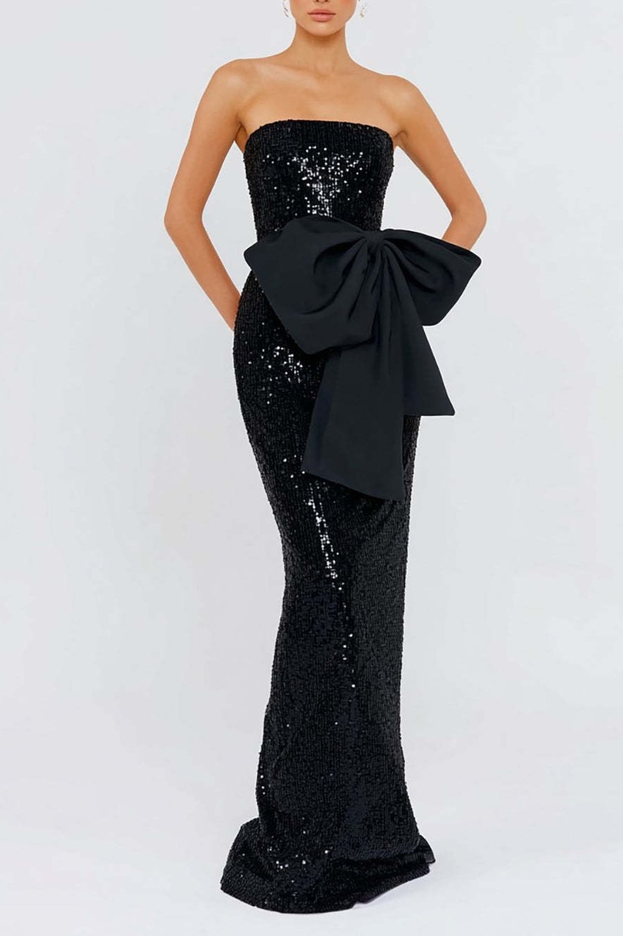 Sparkly Black Sequin Mermaid Strapless Long Formal Dress with Bow