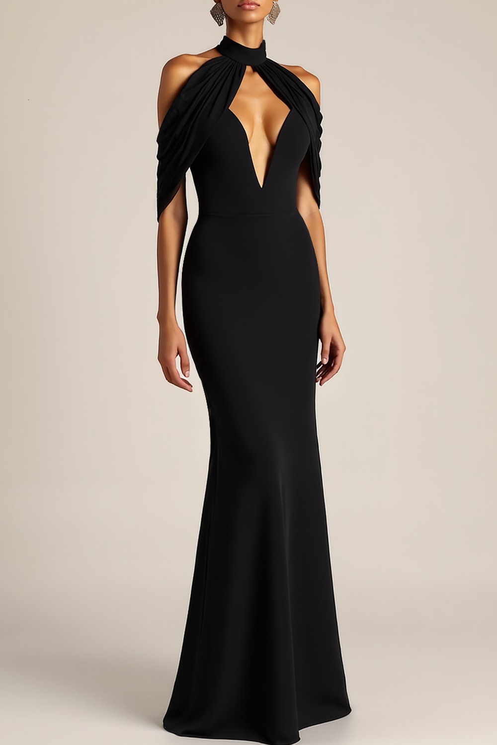 Formal Evening Dress Black Halter Cold Shoulder Maxi Dress