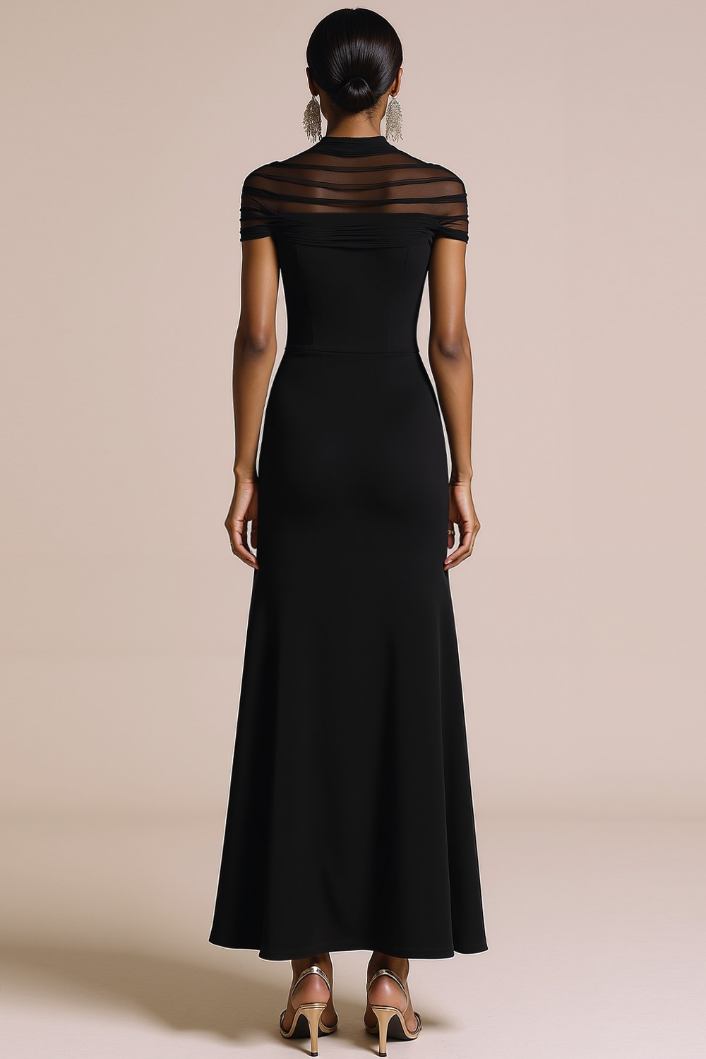 Black Maxi Illusion Neck Mermaid Formal Dress with Sleeves