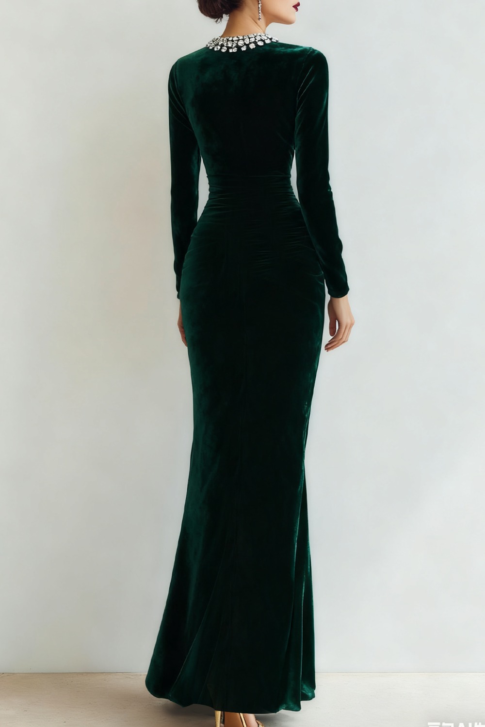 Dark Green Formal Dress Crew Neck Velvet Maxi Dress with Slit
