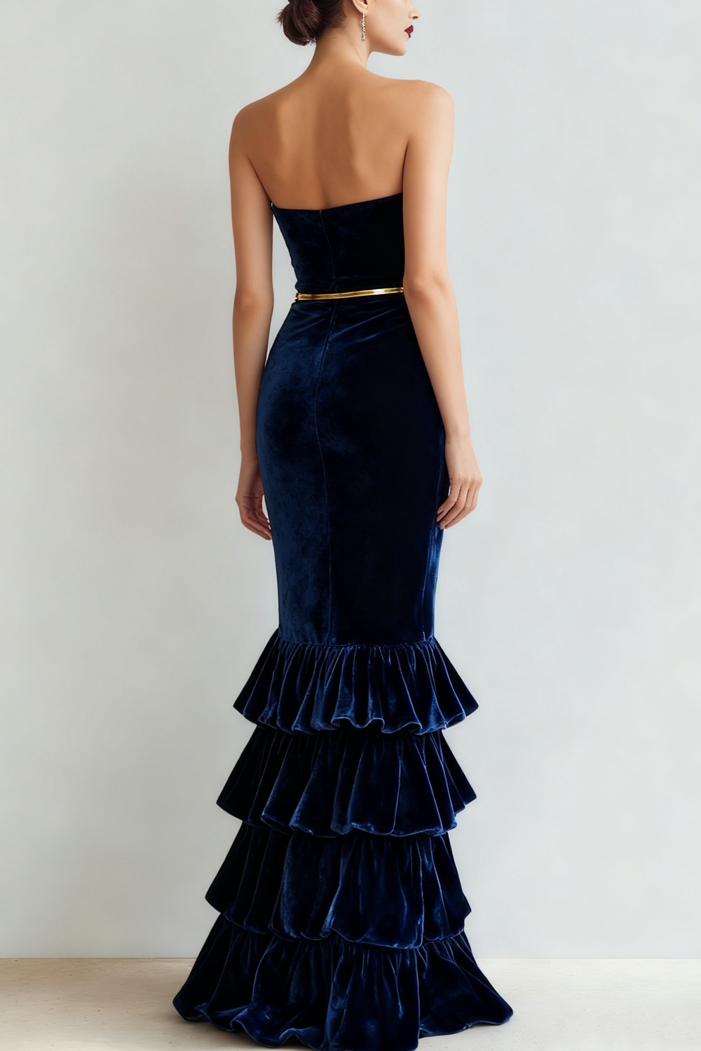 Formal Dress Mermaid Navy Strapless Tiered Velvet Maxi Dress