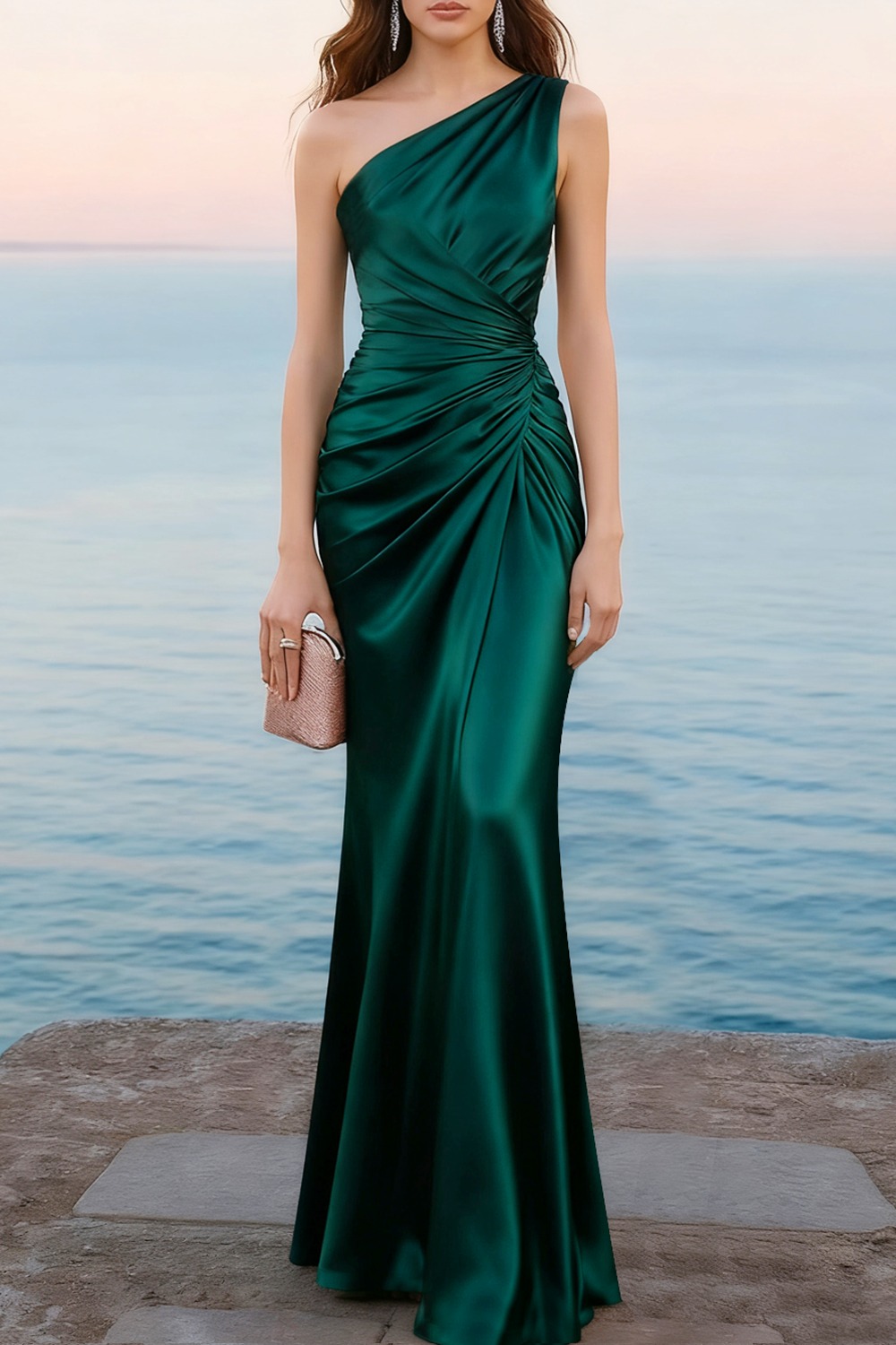 Emerald Green Formal Dress Mermaid One Shoulder Satin Maxi Dress