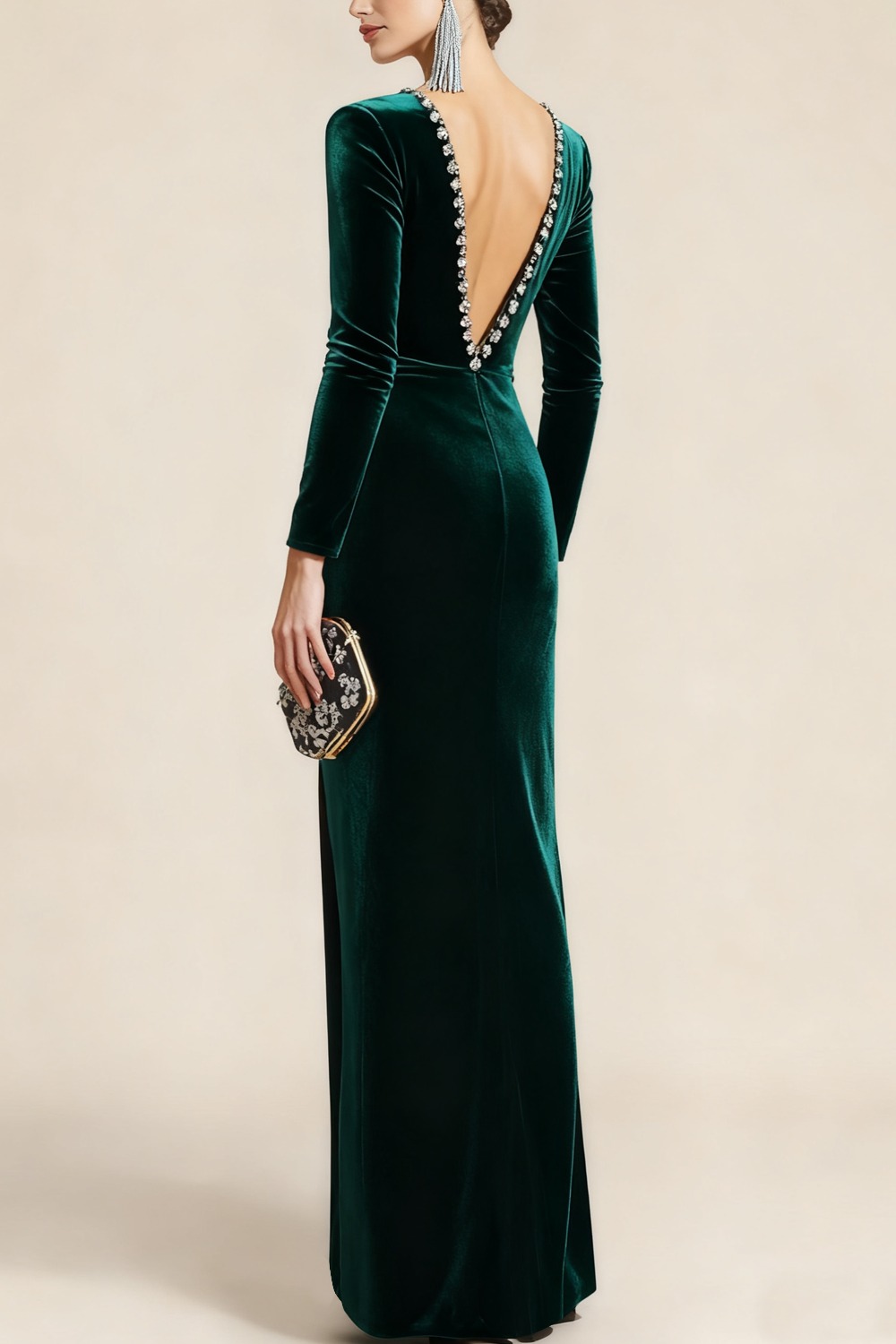 Formal Evening Dress Emerald Green Sheath V-Neck Velvet Maxi Dress with Slit