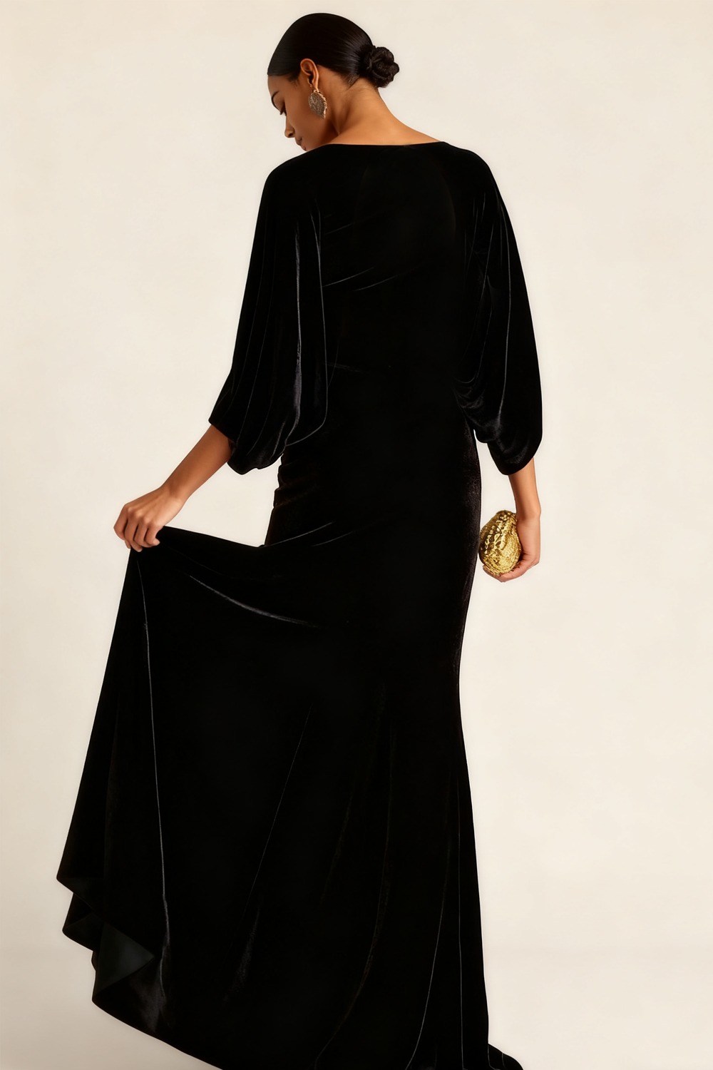 Evening Formal Dress Black Mermaid Crew Neck Velvet Maxi Dress