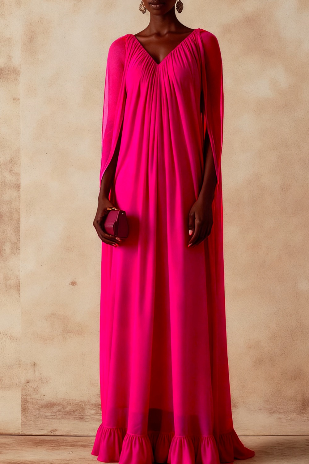 Elegant Evening Formal Dress Fuchsia V-Neck Chiffon Maxi Dress