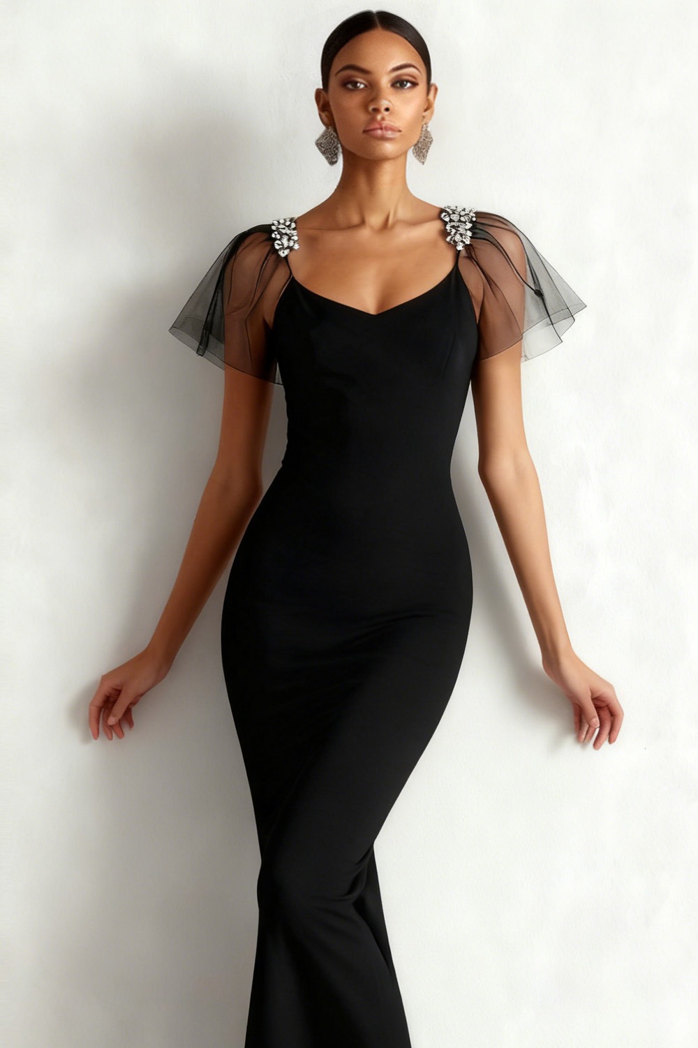 Black Formal Evening Dress Mermaid Ruffle Sleeve Maxi Dress