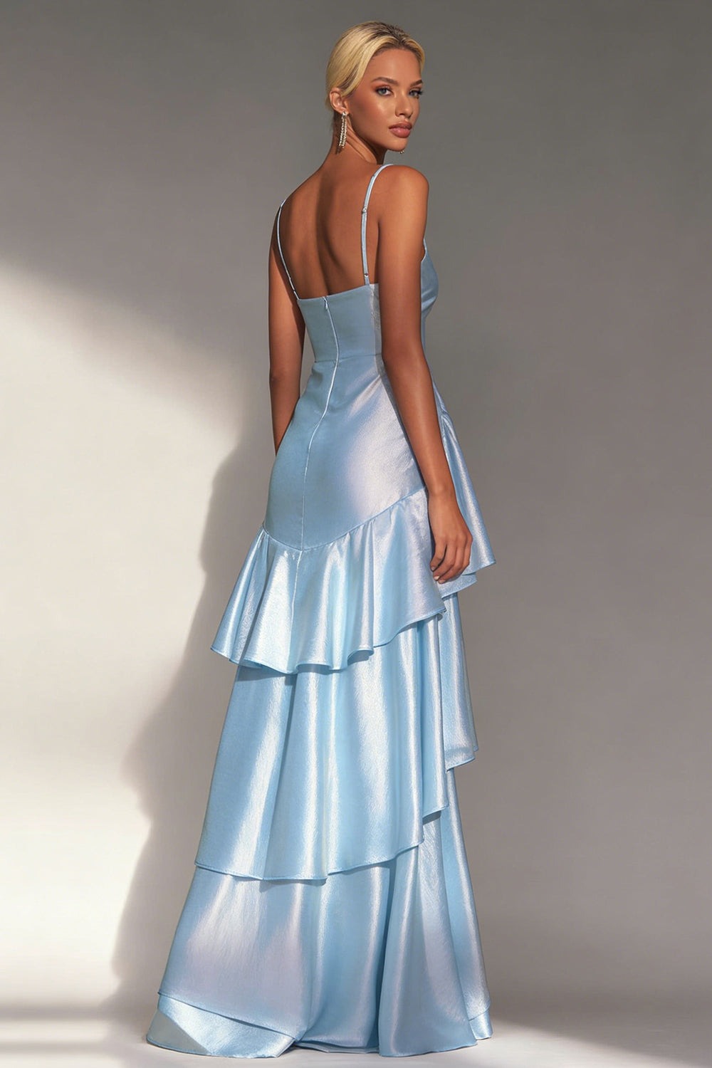 Light Blue Spaghetti Straps A Line Tiered Long Wedding Guest Dress