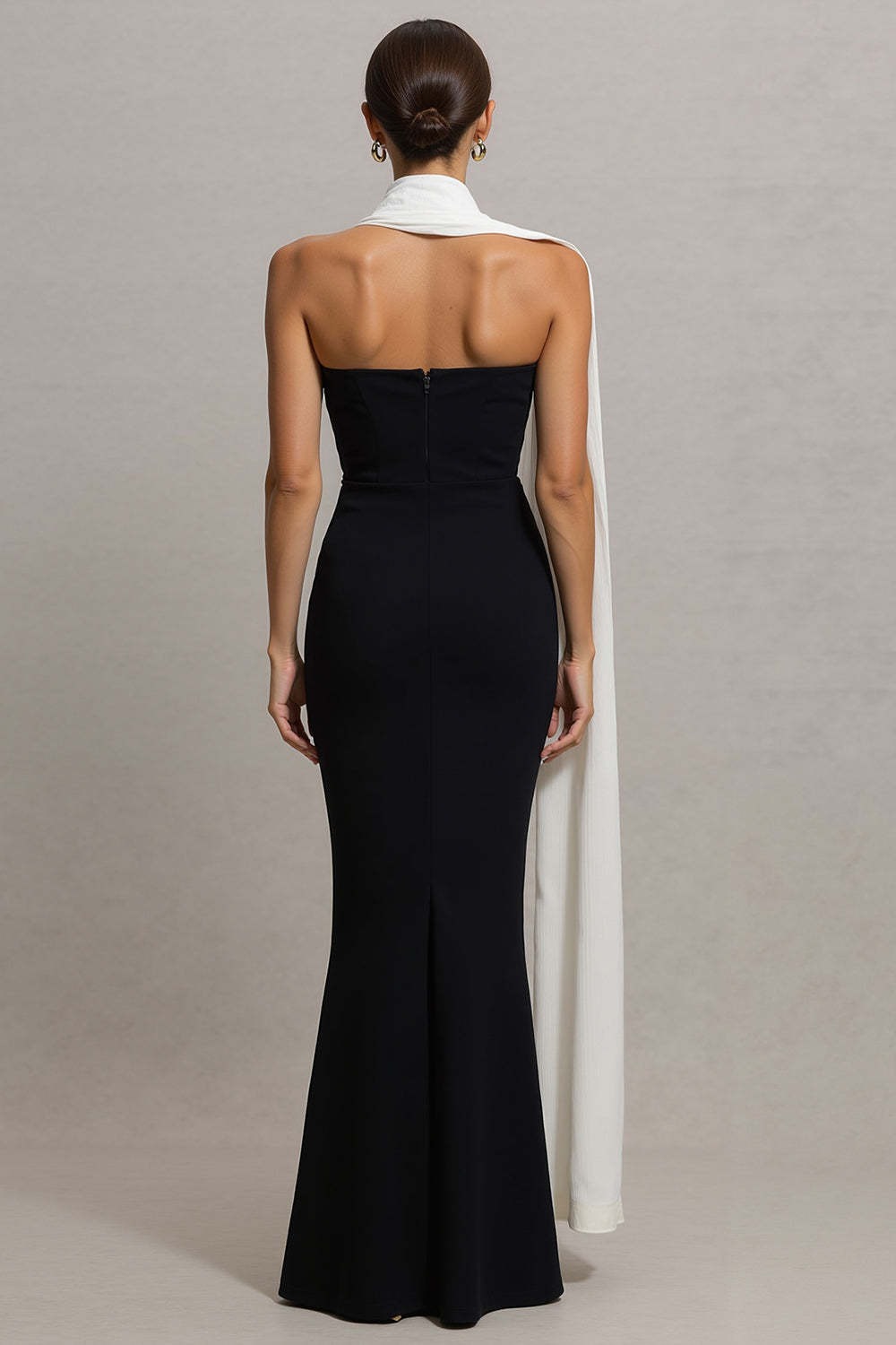 Black and White Neck Scarf Mermaid Maxi Formal Dress