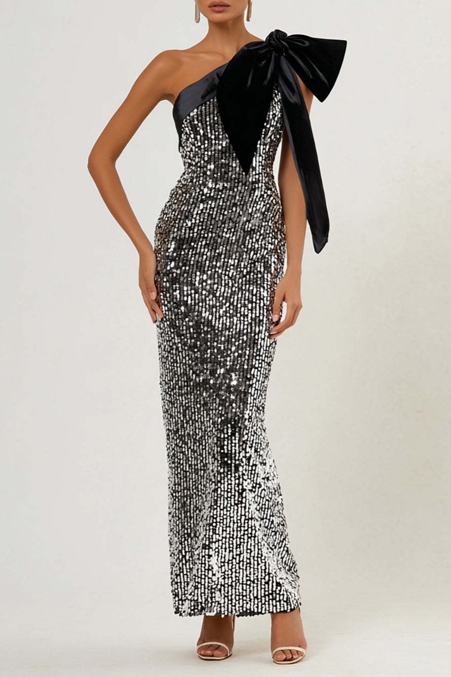 Sparkly Light Grey Sequin One Shoulder Long Formal Dress with Bow
