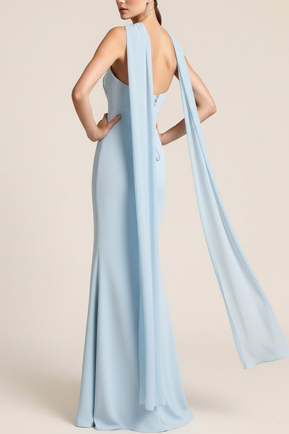 Sky Blue Evening Formal Dress Strapless Slit Maxi Dress with Scarf