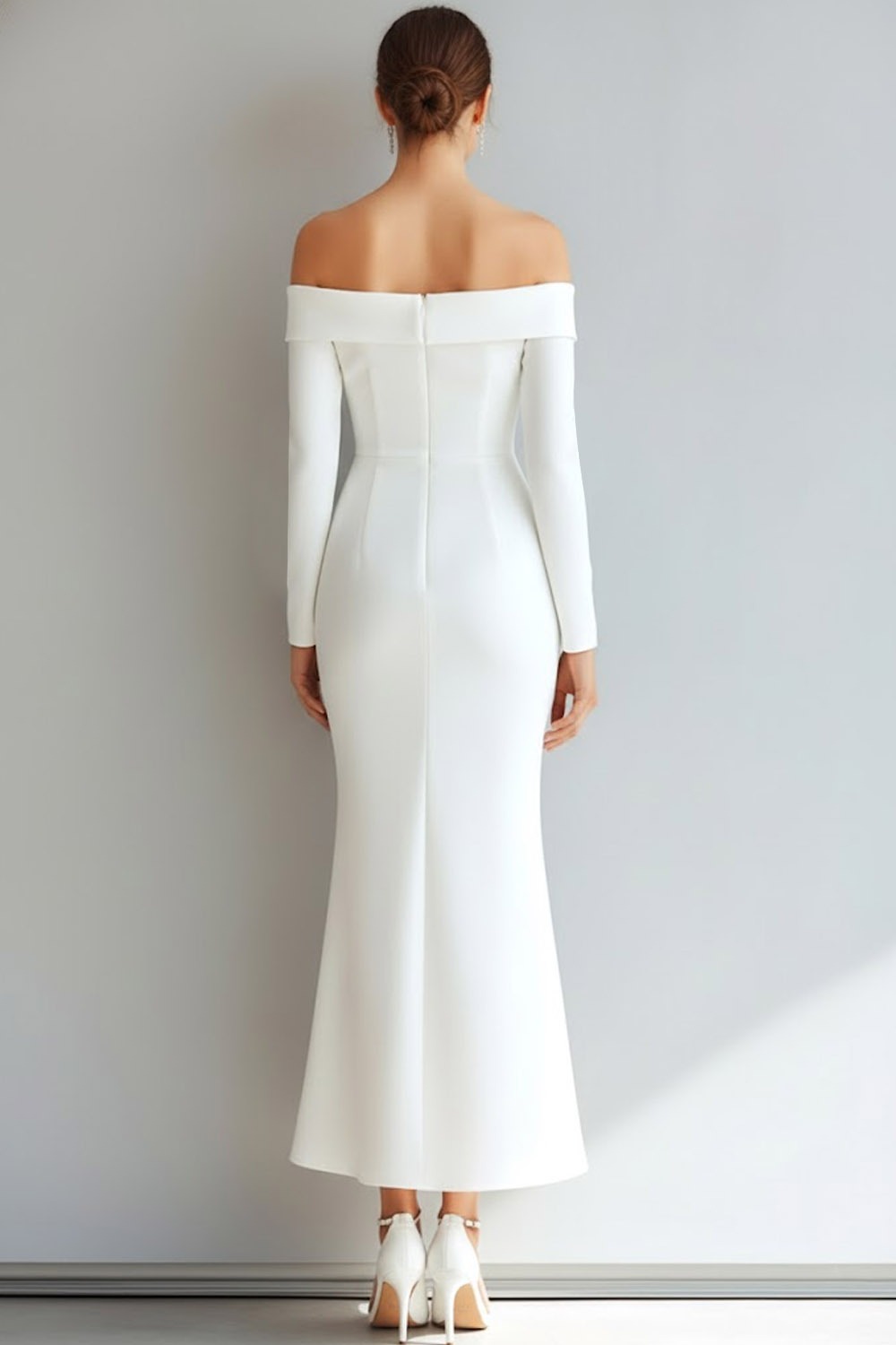 White Formal Evening Dress Mermaid Off the Shoulder Long Sleeve Maxi Dress