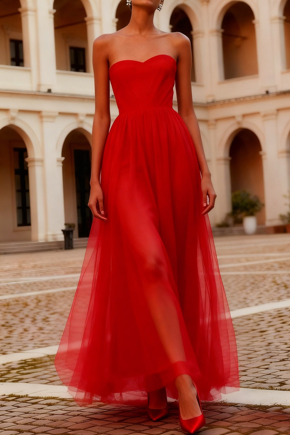 Formal Party Dress Red A-Line Strapless Chiffon Maxi Dress