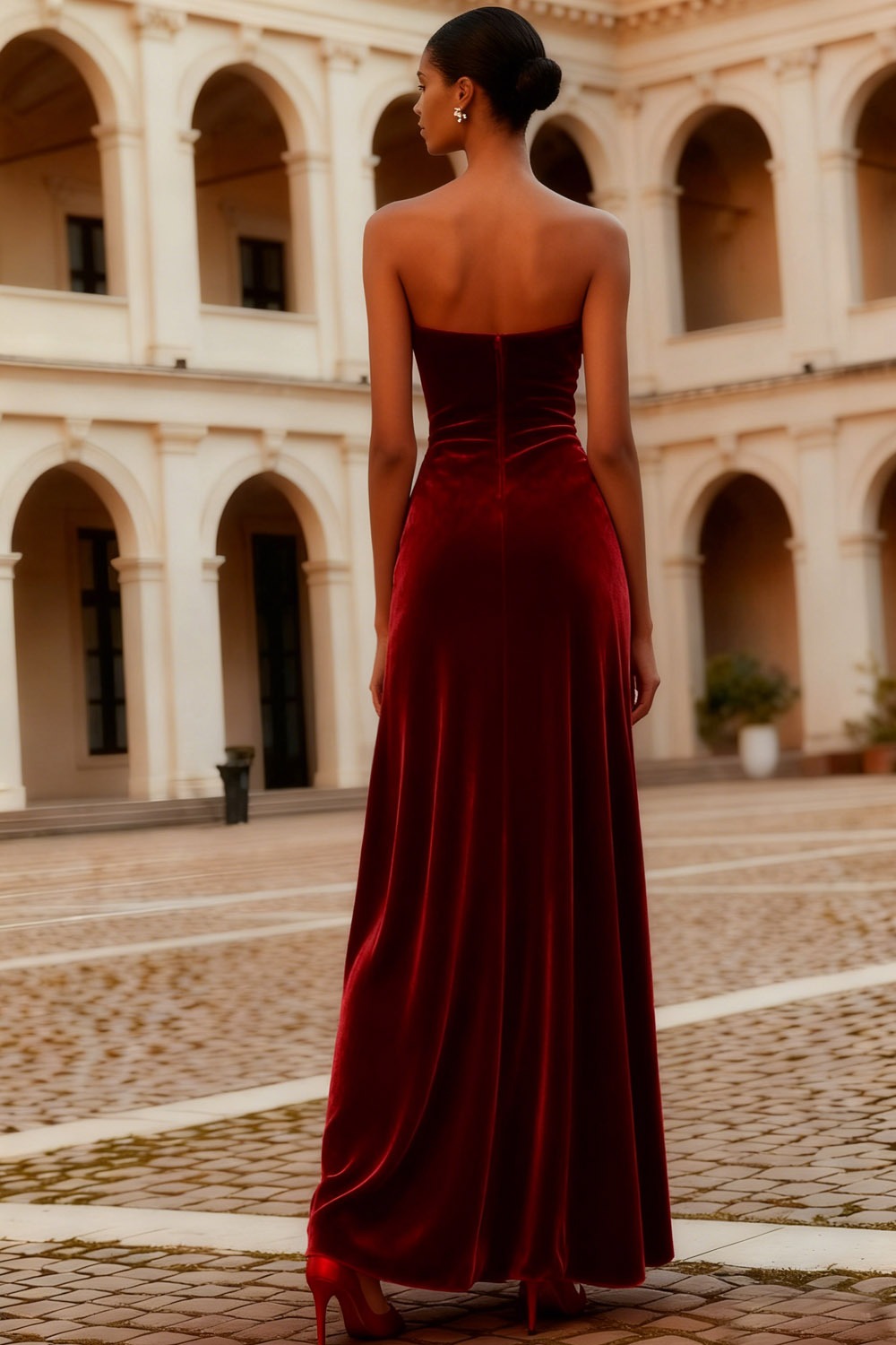 Evening Formal Dress Burgundy Sweetheart Velvet Maxi Dress