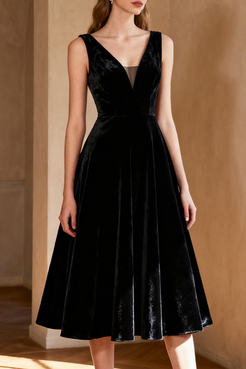 Black Evening Formal Dress A-Line V-Neck Velvet Midi Dress