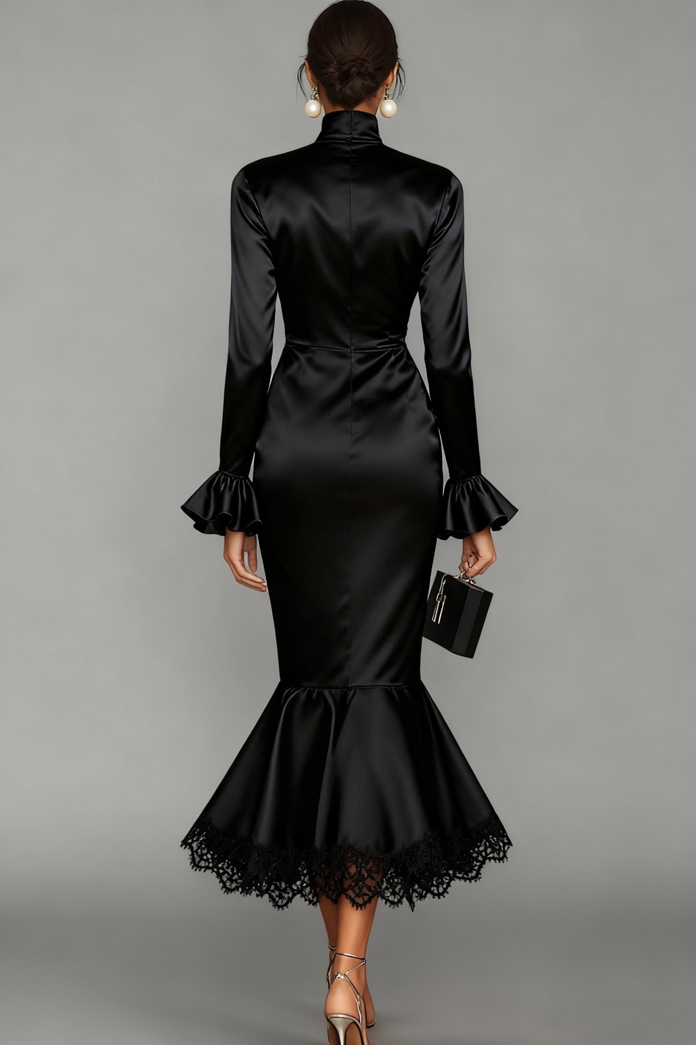 Black Formal Evening Dress Mermaid High Neck Satin Midi Dress
