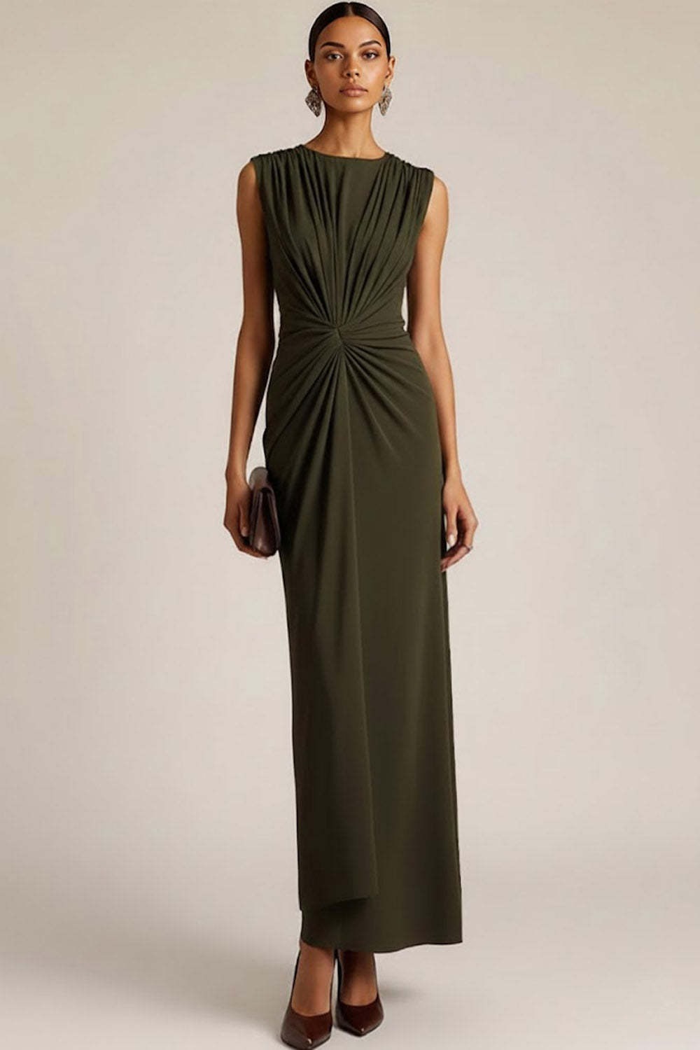 Olive Crew Neck Ruched Sheath Long Formal Dress