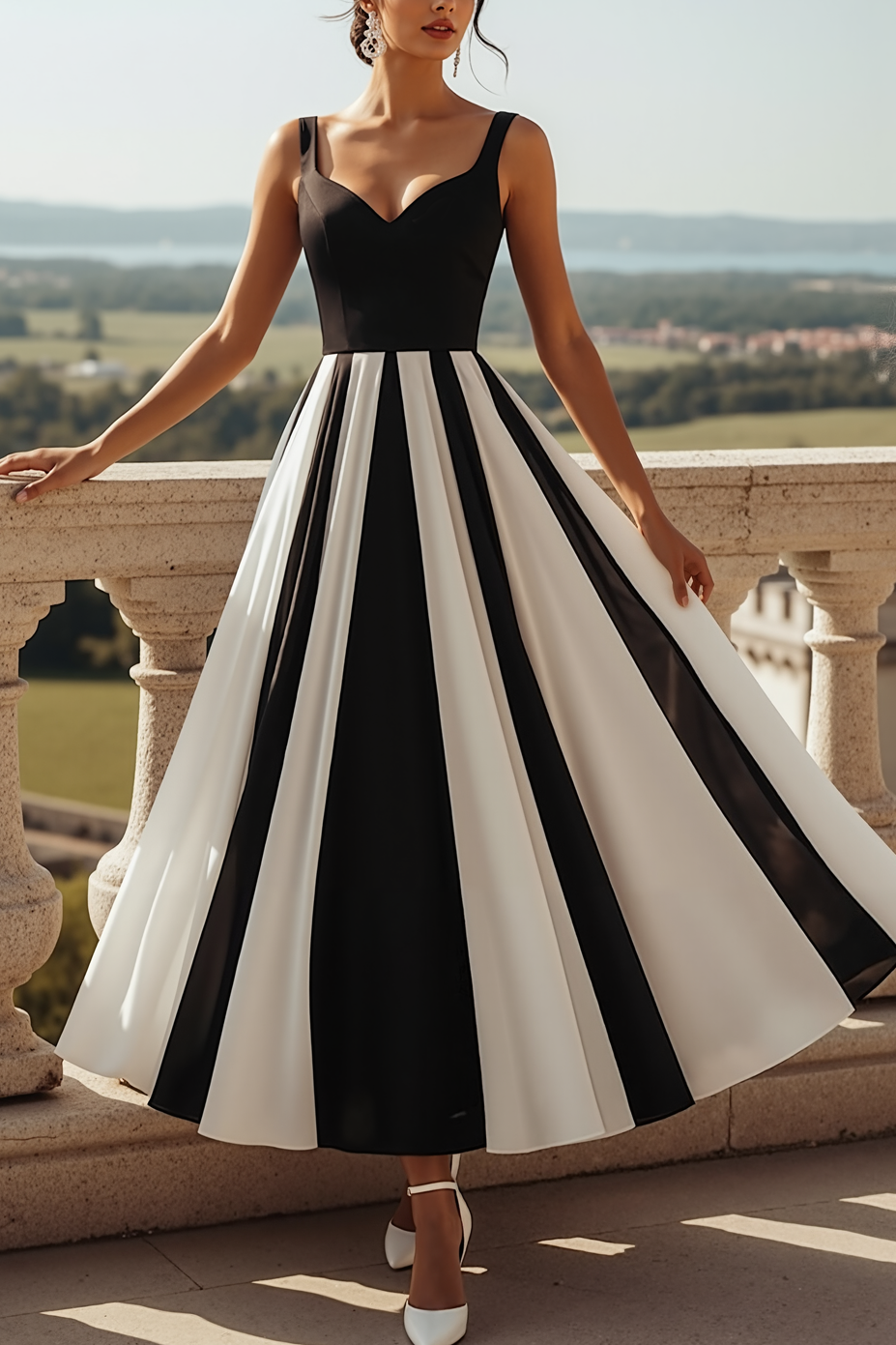 Black and White A Line Thick Straps Long Formal Dress