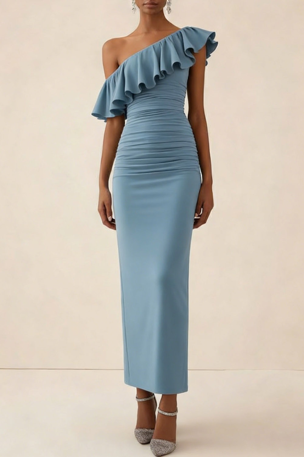 Dusty Blue Evening Formal Dress Sheath One Shoulder Ruffle Maxi Dress