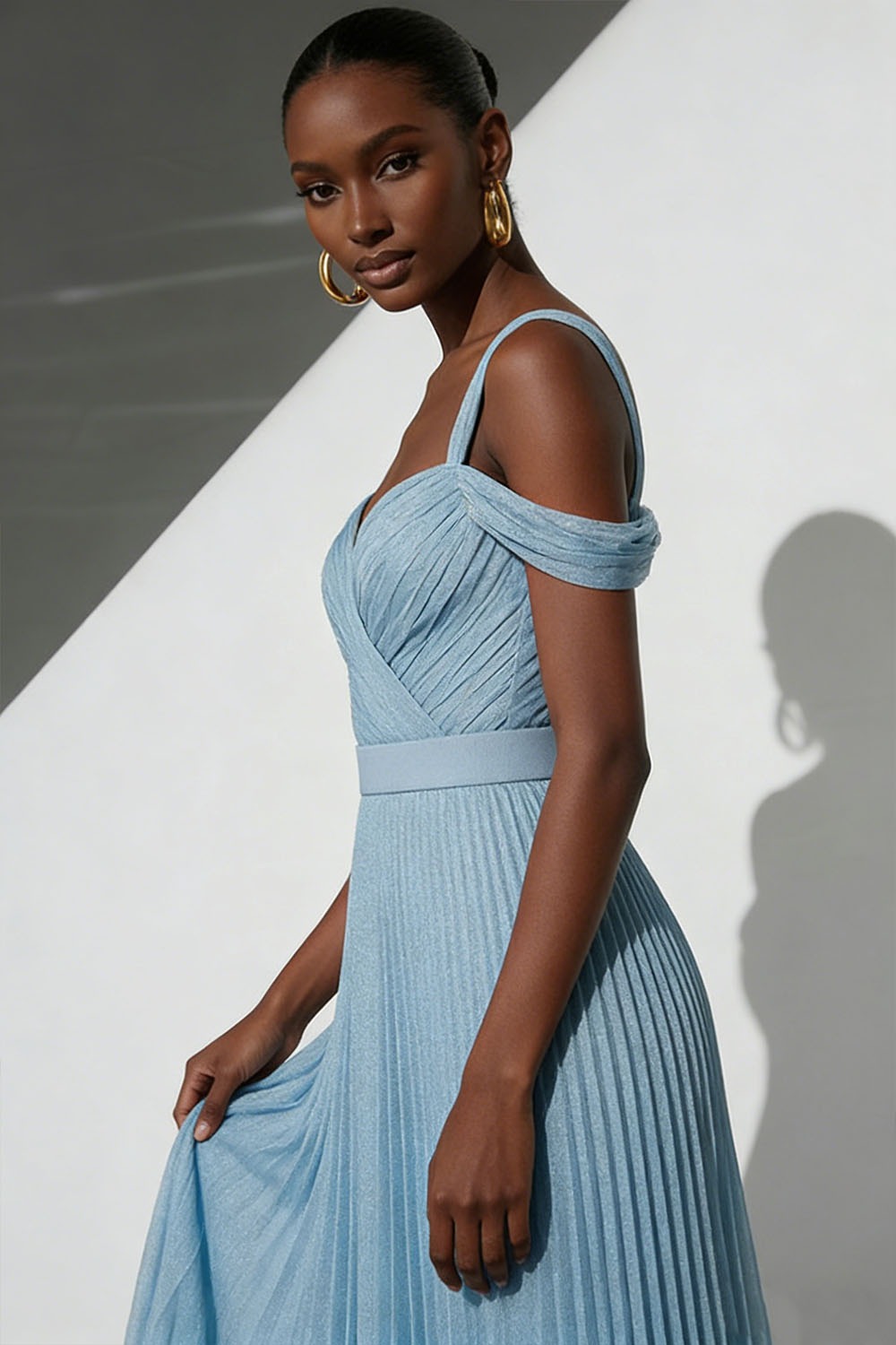 Sky Blue Formal Evening Dress Cold Shoulder Pleated Maxi Dress