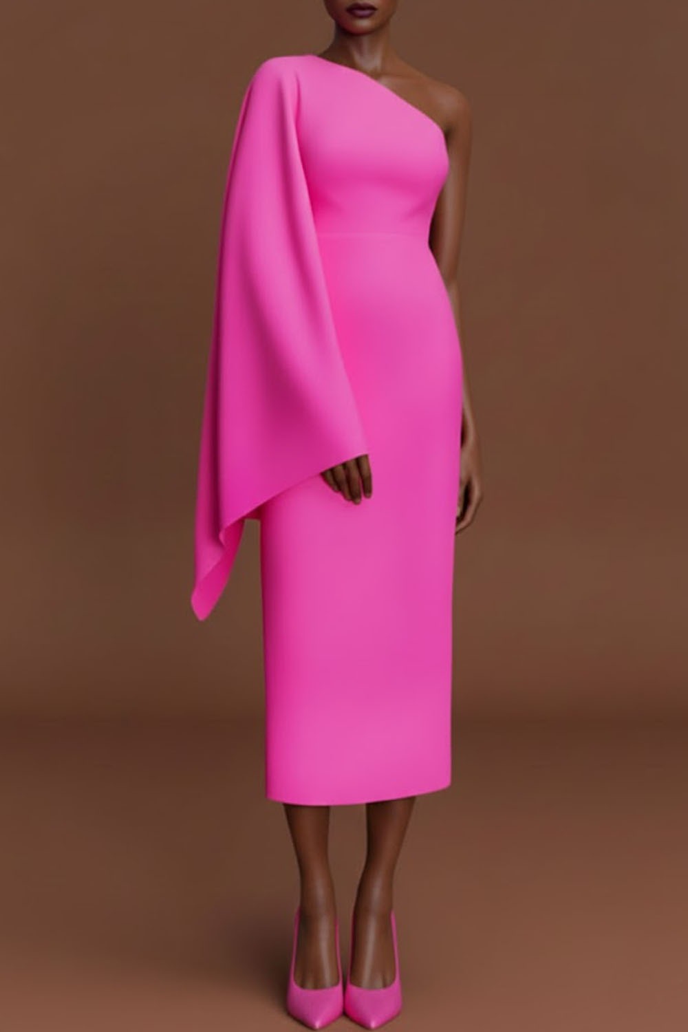 Fuchsia Formal Evening Dress One Shoulder Ruffle Sleeve Midi Dress