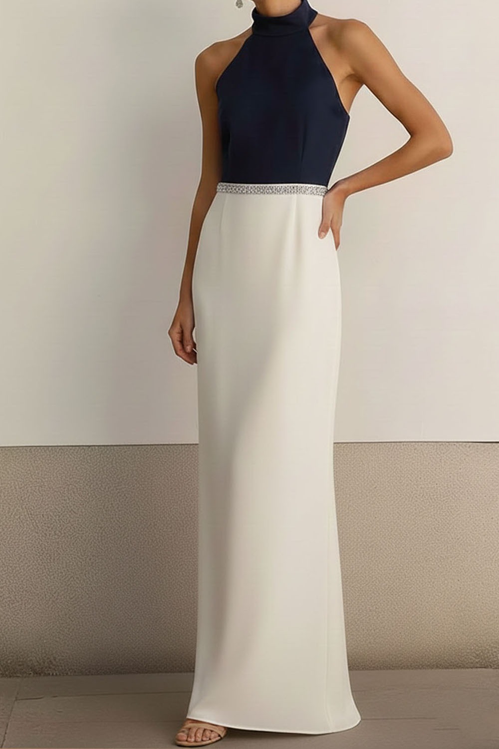 White Formal Evening Dress Sheath Halter Sleeveless Maxi Dress