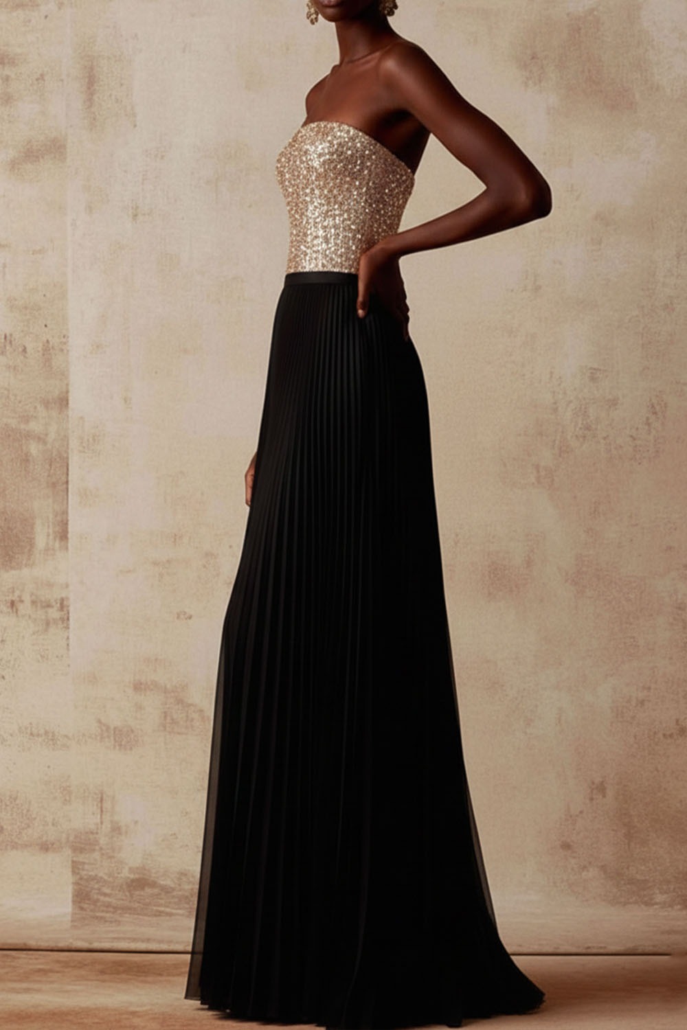 Golden Formal Evening Dress Strapless Sequin Pleated Maxi Dress