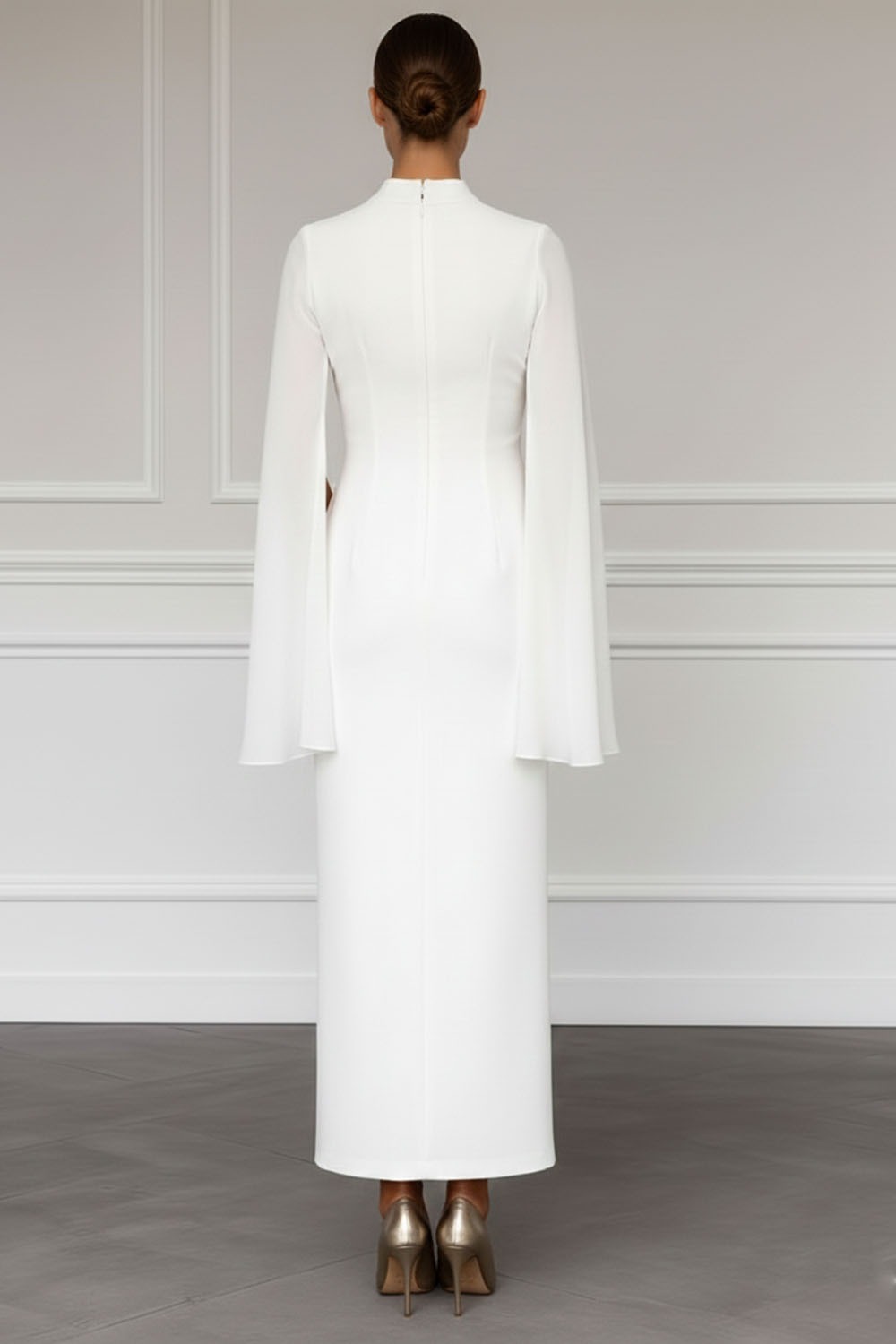 White Formal Evening Dress Sheath High Neck Cape Chiffon Maxi Dress