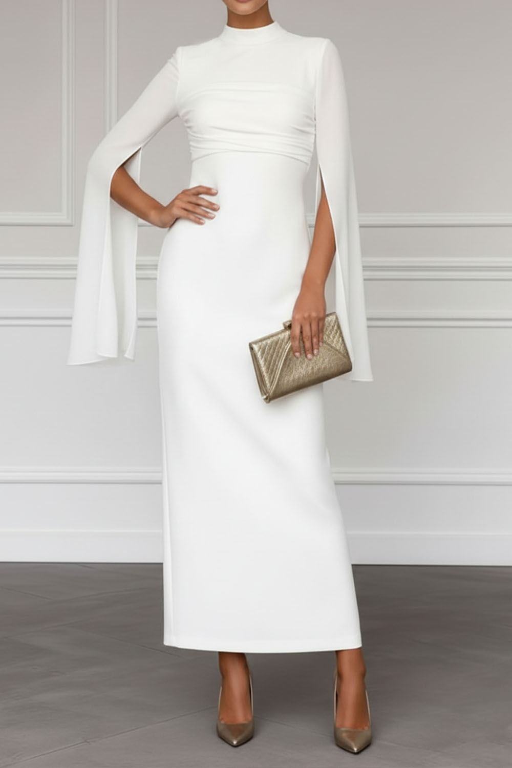 White Formal Evening Dress Sheath High Neck Cape Chiffon Maxi Dress
