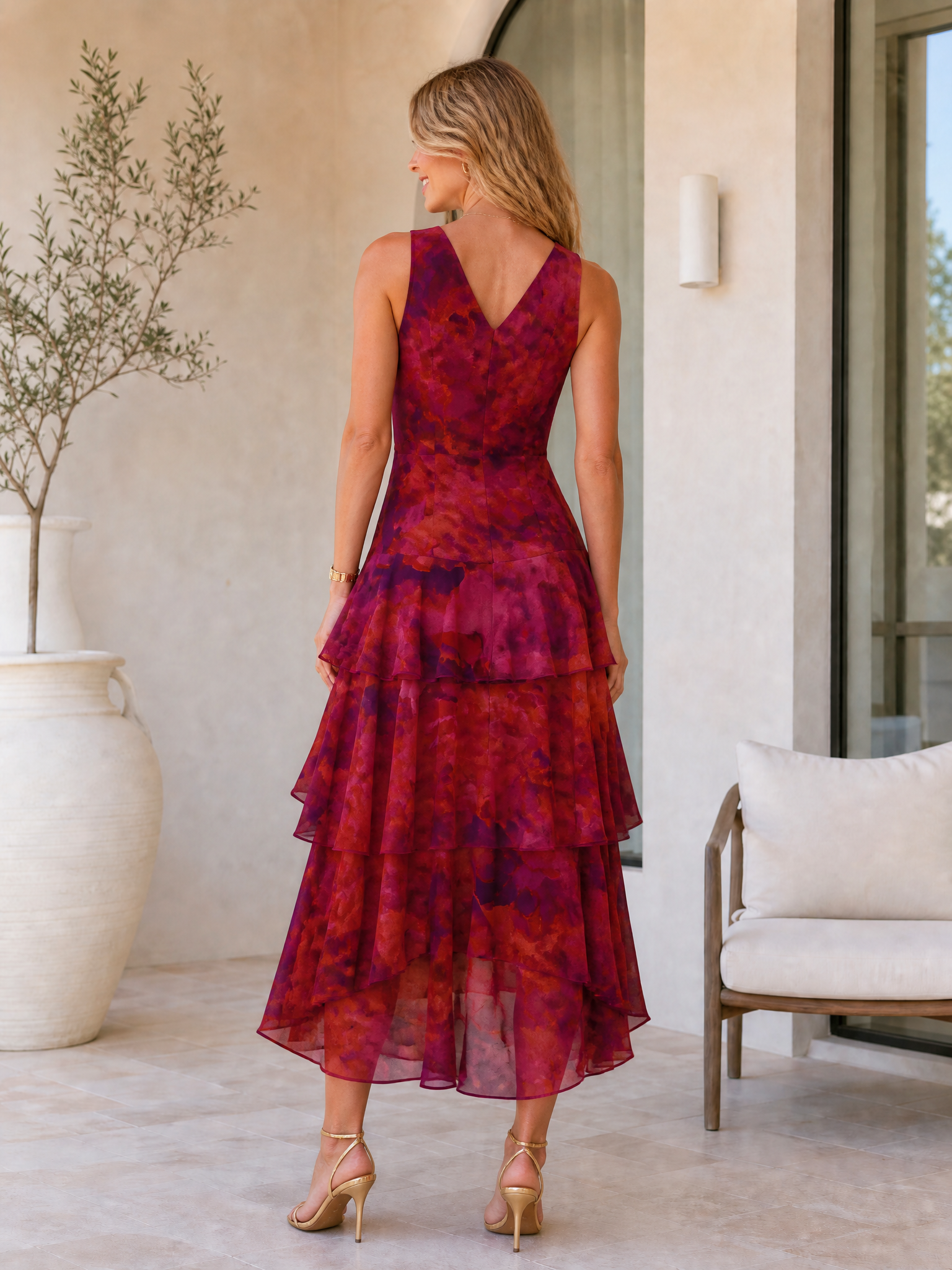 Burgundy Tiered Floral V-Neck Sleeveless A-Line Gown Dress