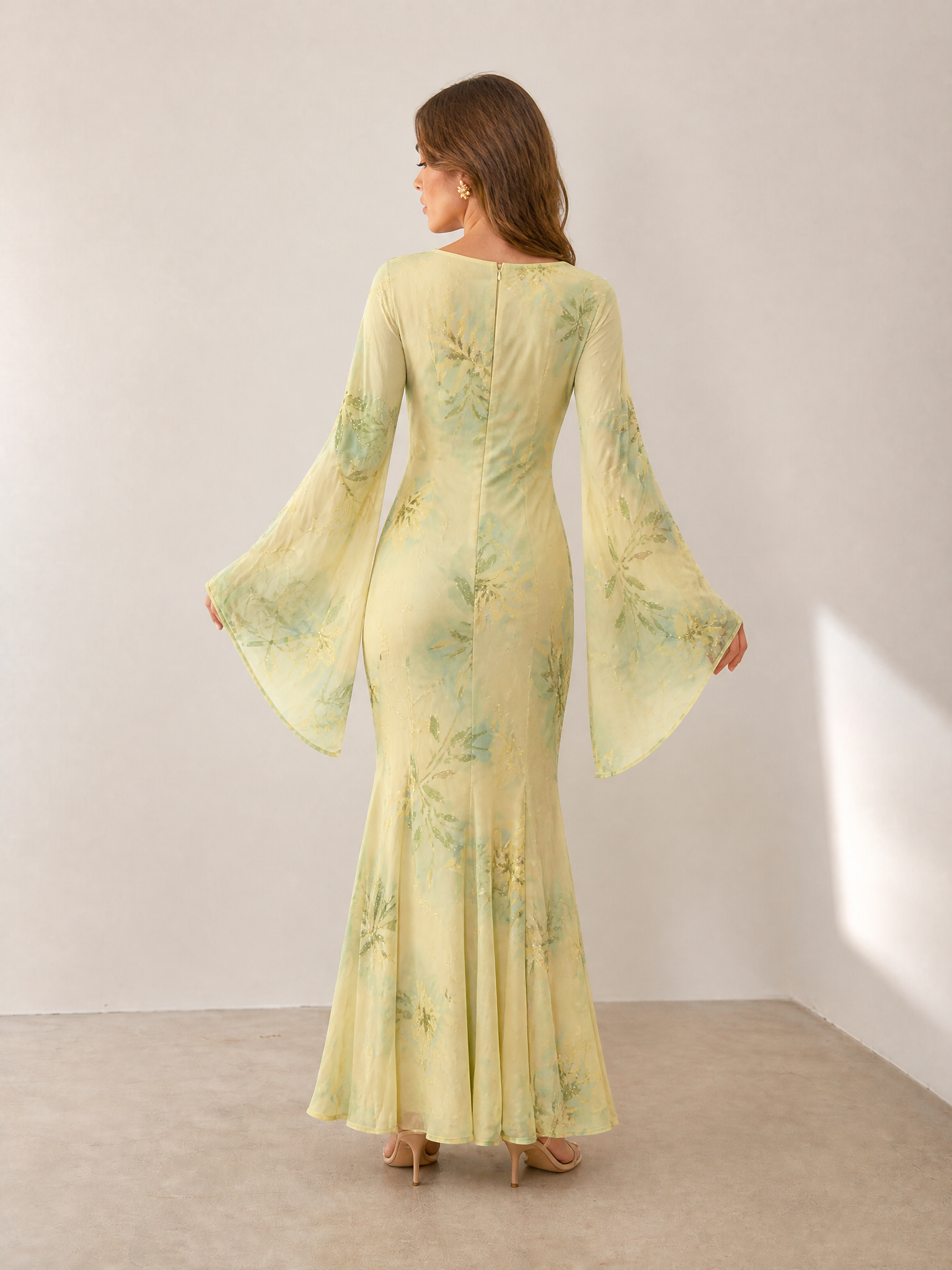 Yellow Watercolor Floral Flare-Sleeve Sheath Maxi Gown Dress